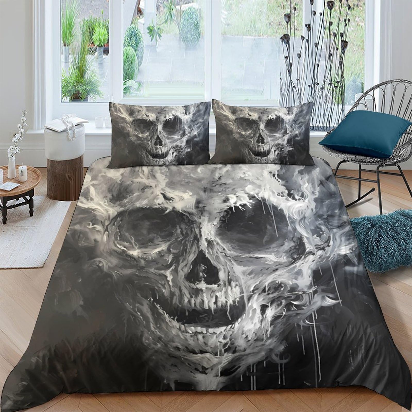 Ctjqhvkz Style-10 3D Printed Smoke Skull Fitted Sheet Microfiber Black Gothic Skeleton Bed Cover For Bedroom Guest Room Mattress Protection Single（135X200cm）