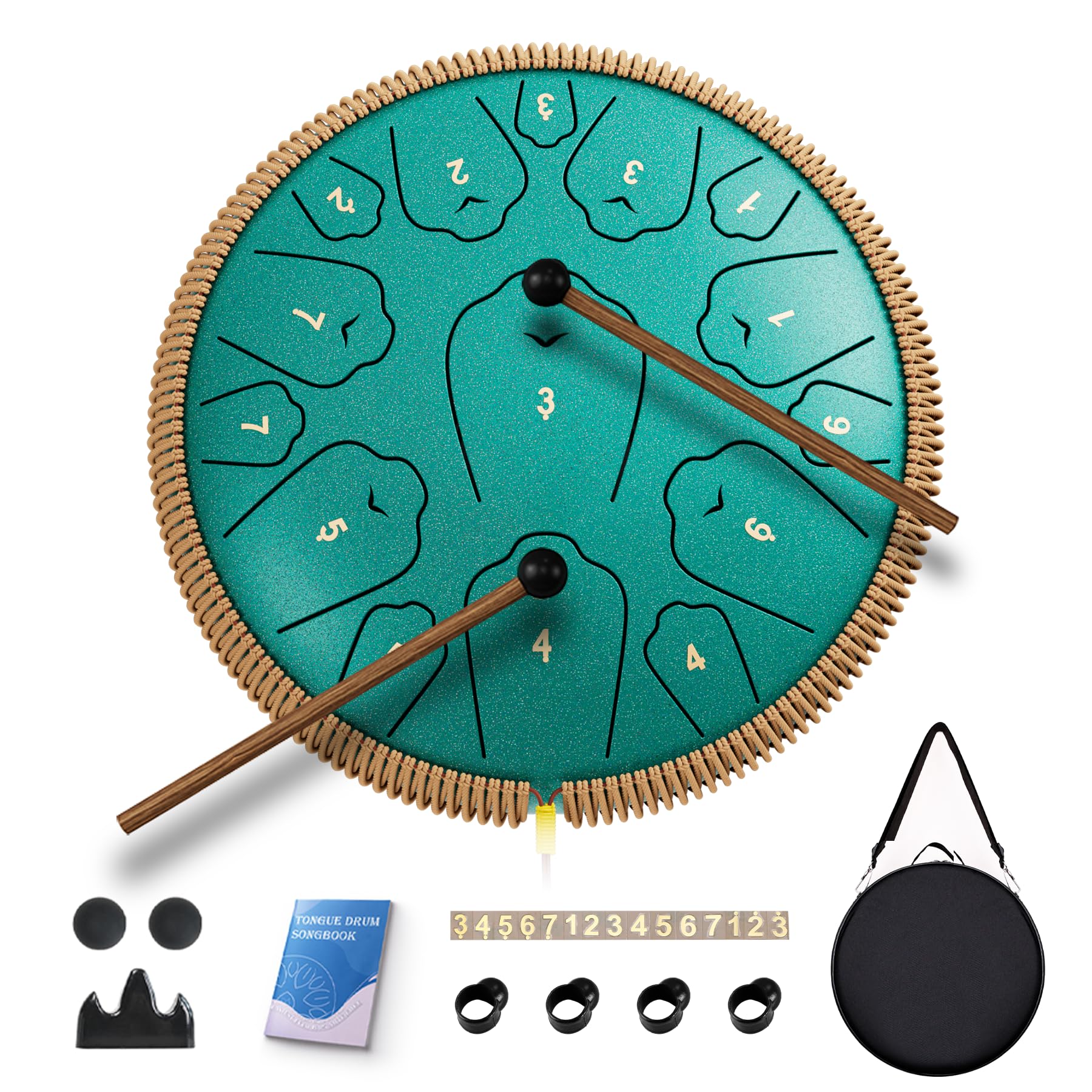 Steel Tongue Drum, 13 Inch 15 Notes Tongue Drums, C Major 440 Hz Drum Percussion Instruments, Handpan Drums with Music Book, Drum Mallets and Carry Bag (Malachite Green)