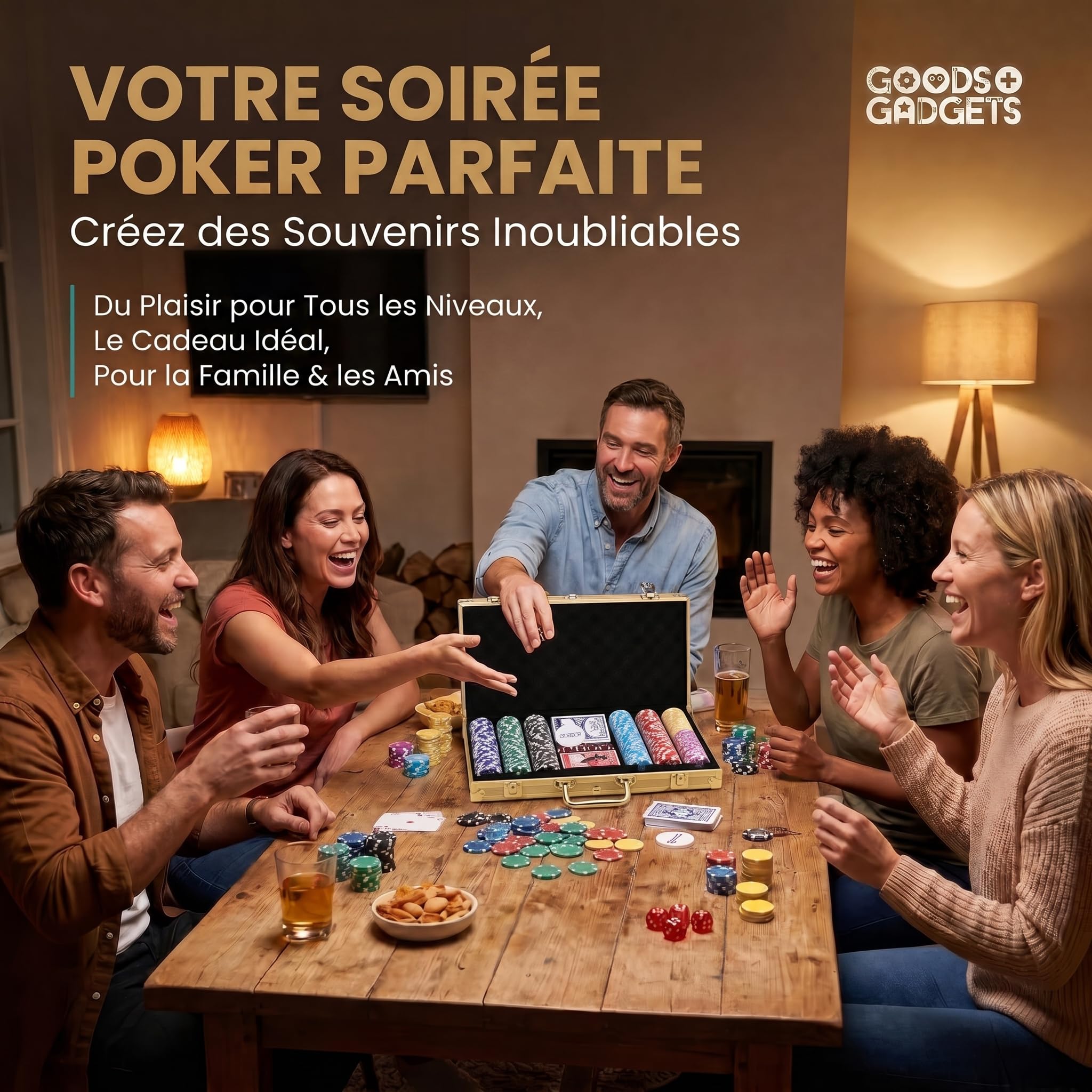 Mallette de poker Profi Pokerset comprenant 300-500 jetons de poker de haute qualité ; deck de poker, jeu de cartes, cartes de poker, dés, bouton de croupier ; casino à domicile (Or, 500 Jetons)