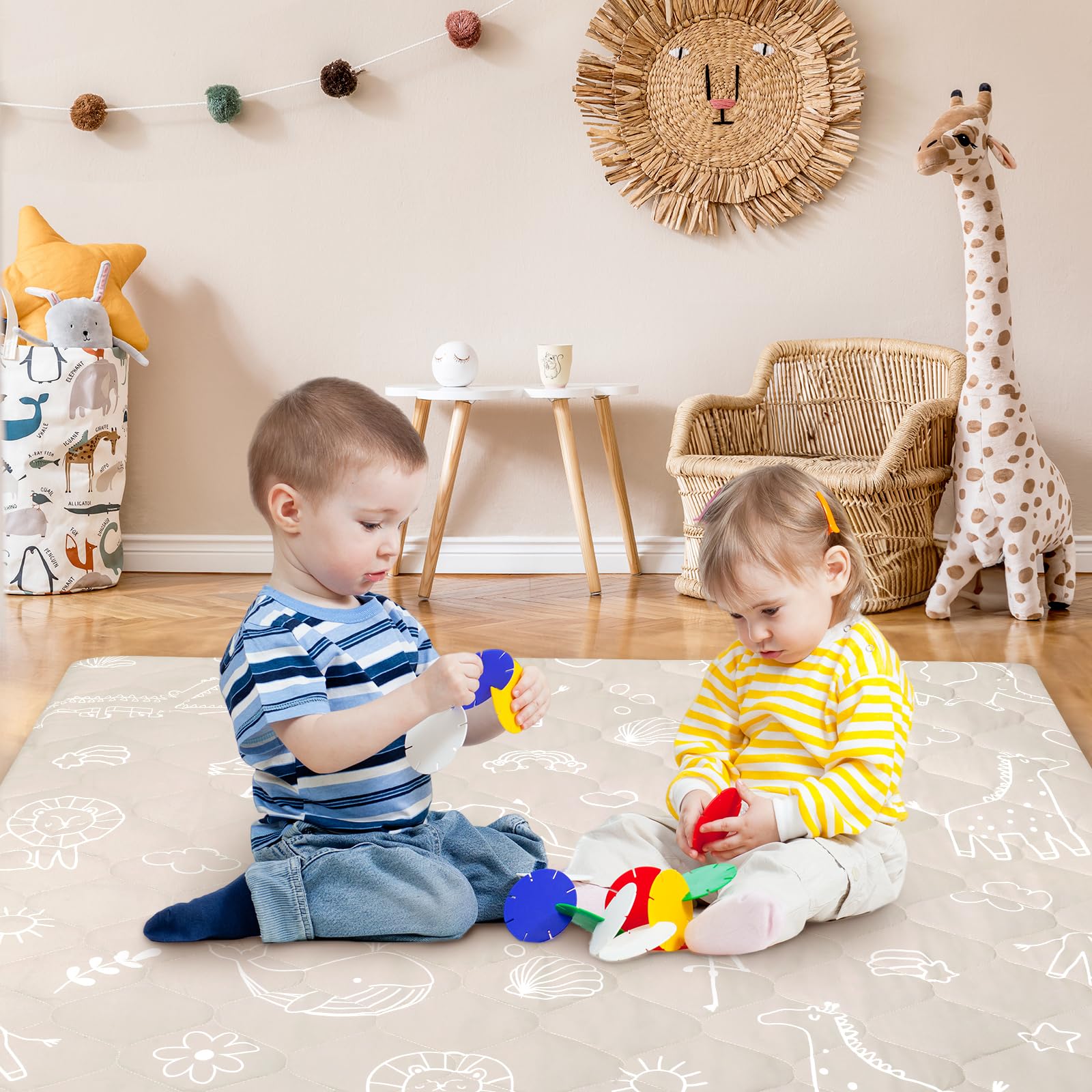 Alfombra Bebe 127×127 cm Desmontable Plegable, Espesar 2cm Alfombra Juegos Bebes Antideslizante, Tapete de Actividades Bebe Alfombras de Gateo Apto para Interior/Exterior/Valla (Animales con Líneas)