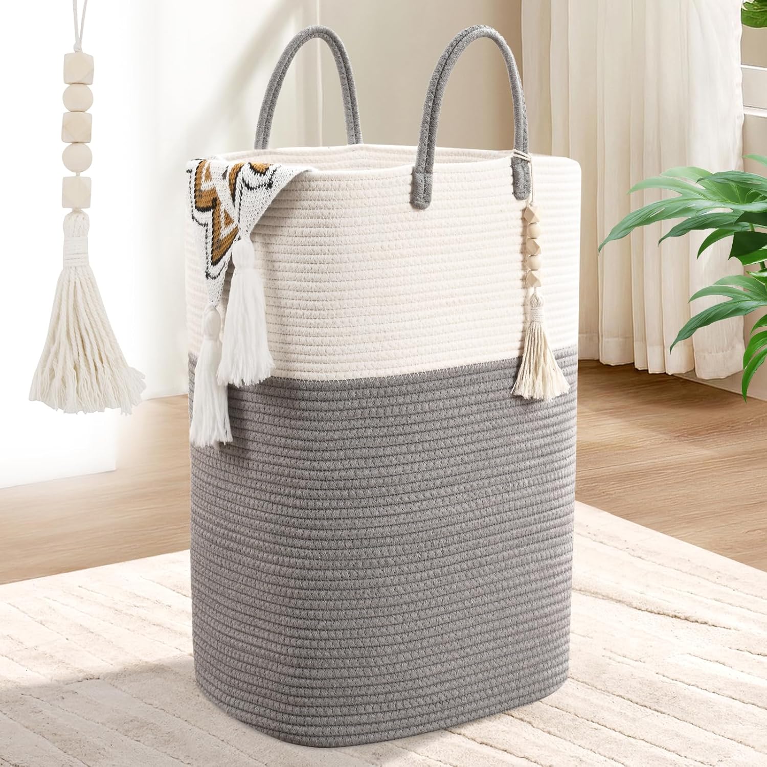 Large woven laundry basket with tassel nursery storage for clothes