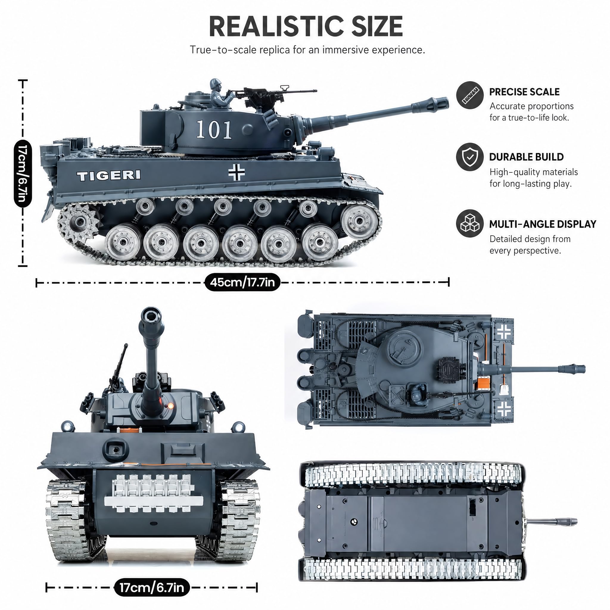 Tanque RC Tiger 1:18 Orugas Metálicas – Retroceso Realista Disparo Agua 2.4GHz | Tanque Teledirigido Militar Juguete Regalo Niño 8 Años | Kit Completo