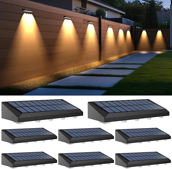 AUDLES Solar Fence Lights Outdoor, 8 Pack Fence Lights Solar Powered with 4 LED, Fence Solar Light Outdoor IP65 Waterproof Deck Light for Backyard, Railing, Patio, Stair, Wall, Step - Warm Lighting