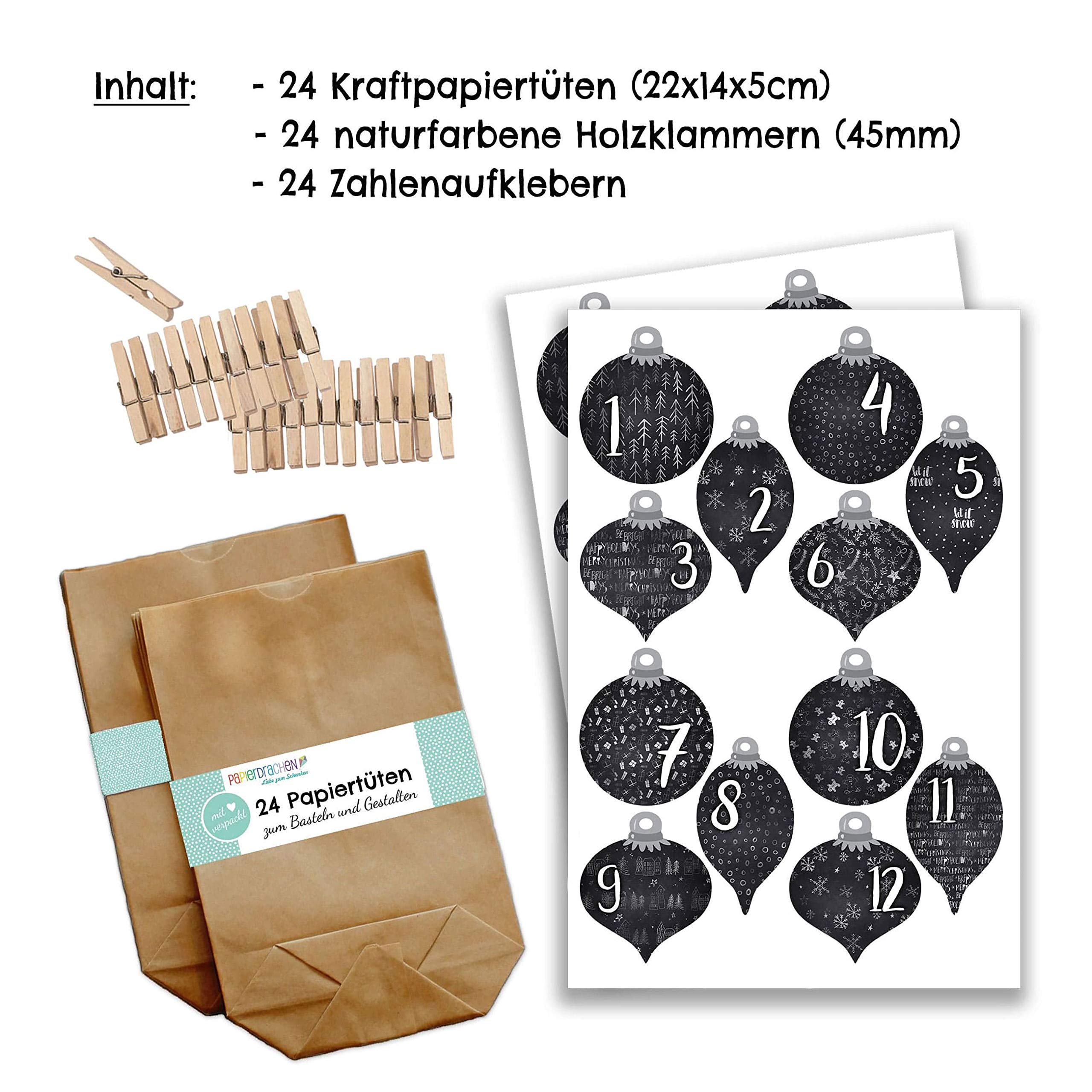 Calendario Avvento Fai Da Te Papierdrachen - 24 Sacchetti Kraft Marrone Con Numeri - Foto 8