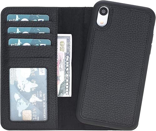 Miniatura 3 de Funda de piel auténtica hecha a mano compatible con iPhone XR, funda magnética fuerte desmontable con tarjetero, bordes horizontales (negro)