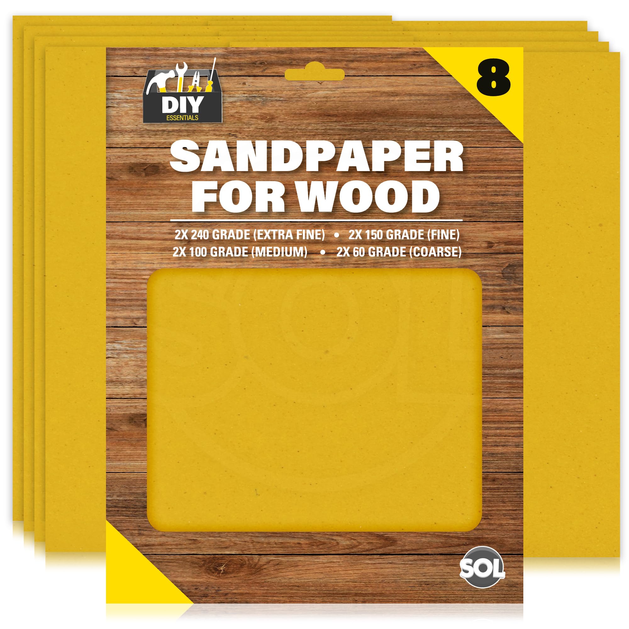 SOL 8pk Assorted Sandpaper for Wood Mixed Grit Extra Fine Fine Medium Coarse Sand Paper for Wall Sanding Sheets for Polishing Finishing Paint Removal DIY Workshop Home Use Durable Abrasive Surface