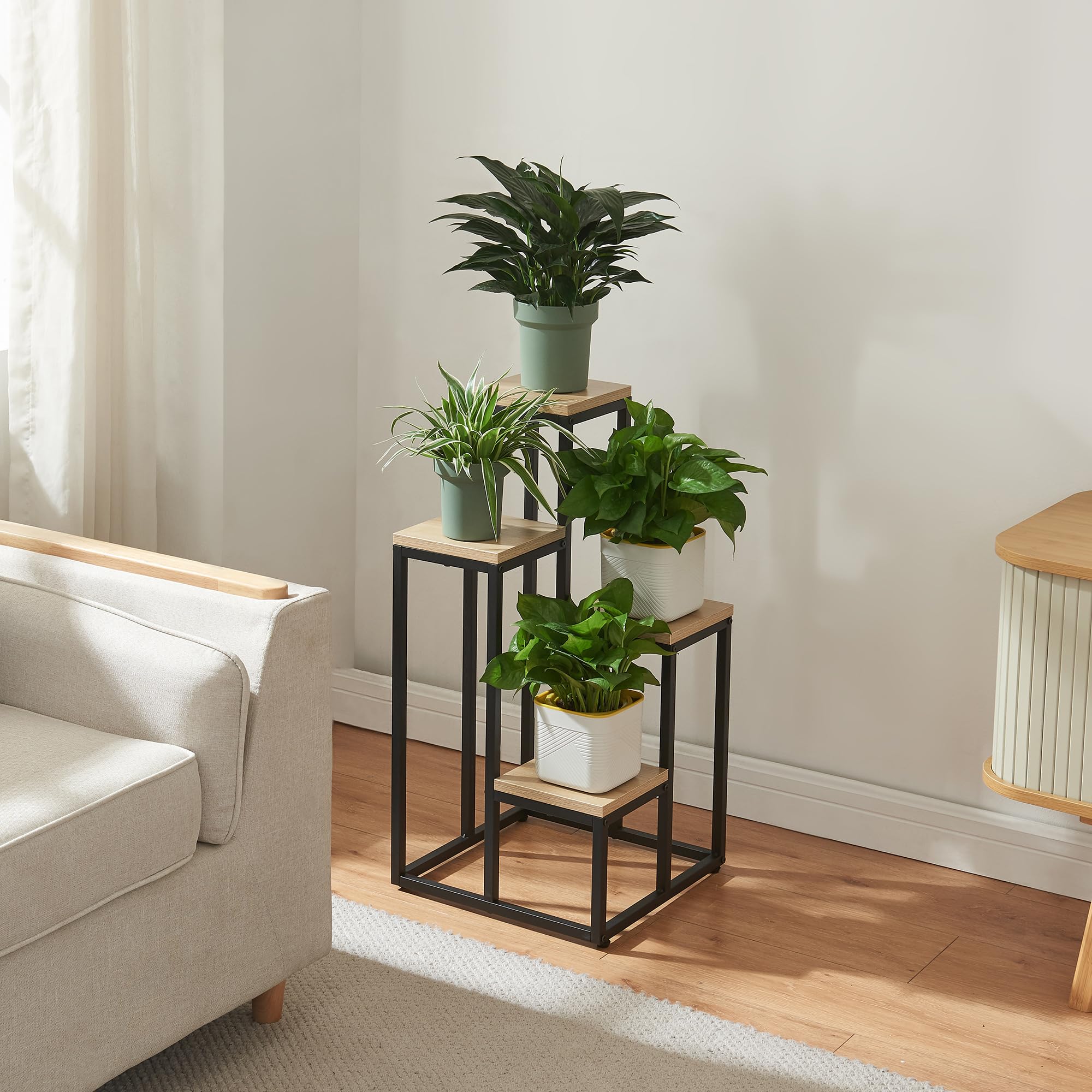 [en.casa] Scaffale Porta Piante a Gradoni Mobile Espositore per Vasi Fiori con 4 Ripiani a Diverse Altezze Supporto Piante a 4 Livelli 67 x 34 x 34 cm - Nero / Effetto Rovere