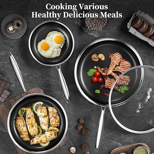 Miniatura 8 de Innerwell Juego de sartenes antiadherentes de acero inoxidable de cerámica de titanio, 6 piezas antiadherentes de panal de abeja de acero