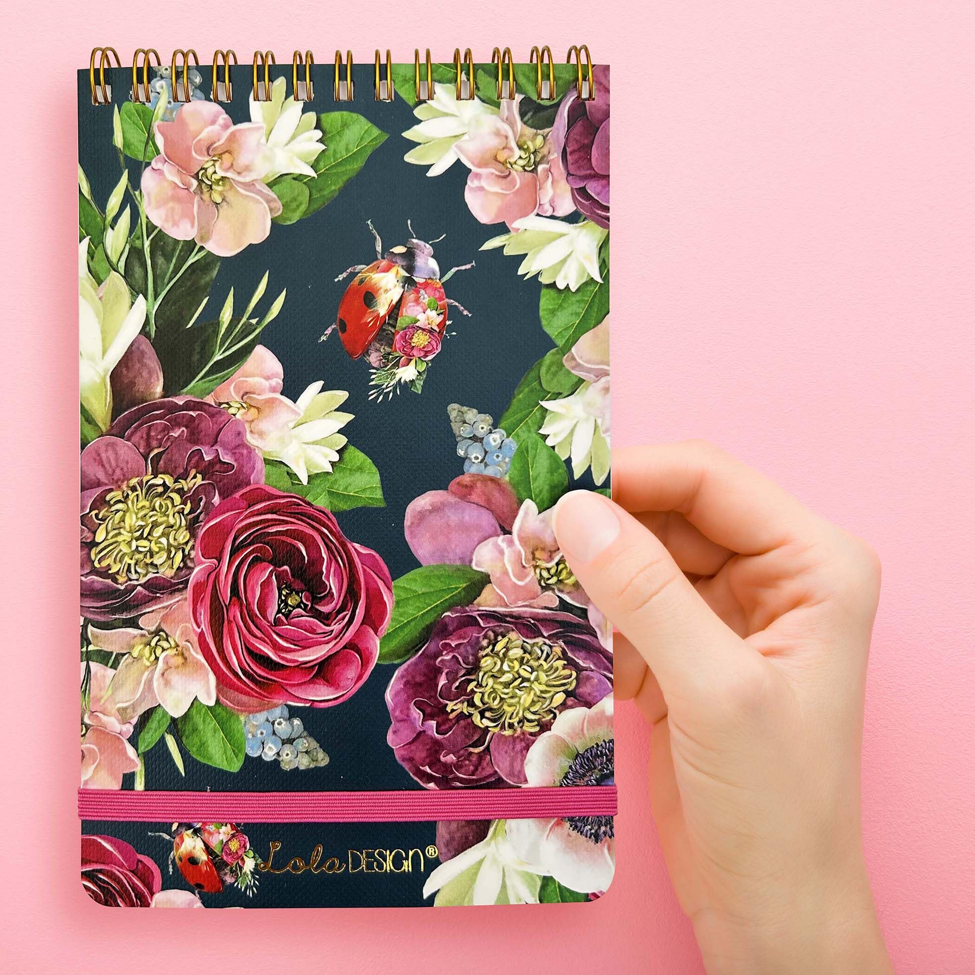 Lola Design, Top Spiral Notepad with Elastic Closure, Ladybird Pattern, Perfect for Jotting Down Notes Shopping Lists