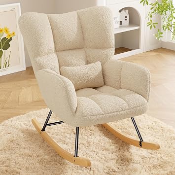 Hawthyhome Upholstered Rocking Chair for Adults, High Back, Beige