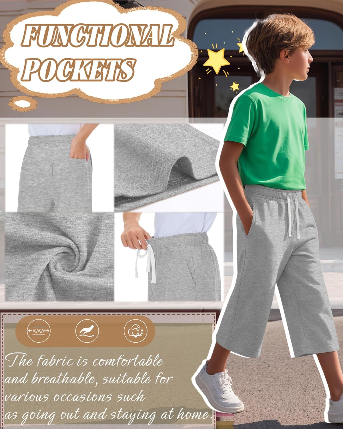 3 Pack Boys Capri Pants 3/4 Wide Leg Drawstring Lightweight Cropped Sweatpants with Pockets Kids 6-16 Years