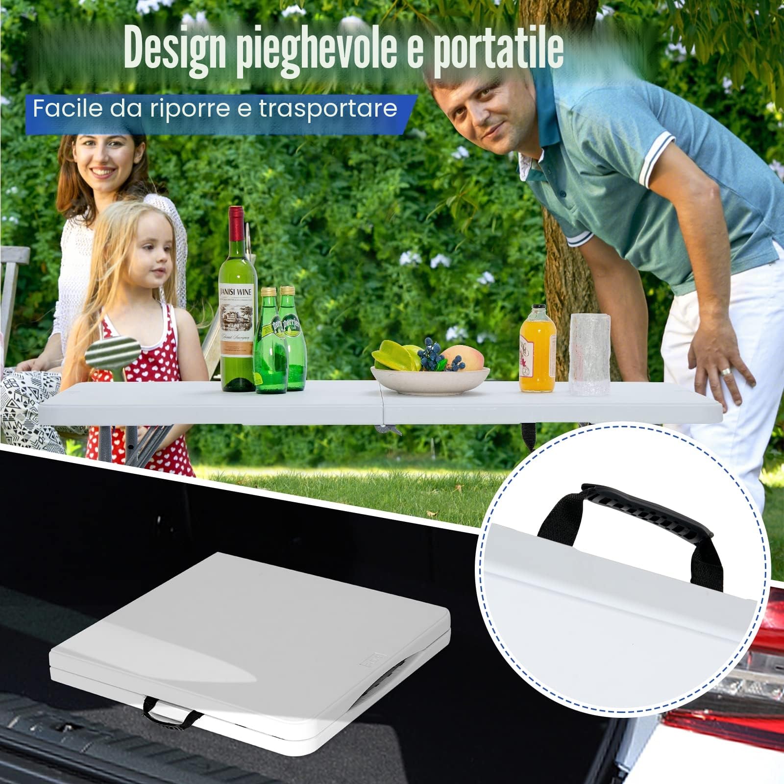 KOMFOTTEU Tavolo Pieghevole Regolabile in Altezza 120x60x74,5 cm Bianco HDPE Ferro Campeggio Picnic