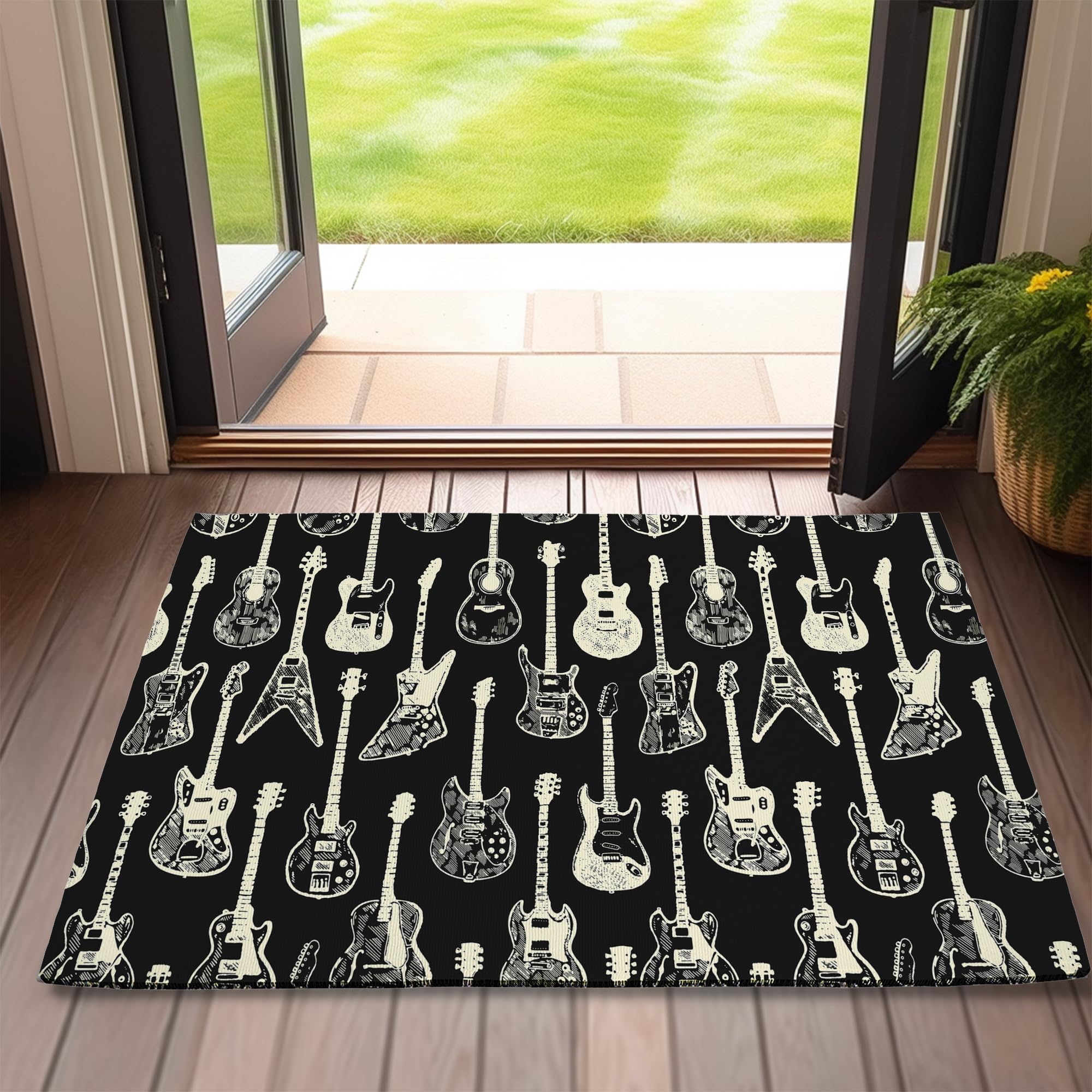 Doormat Electric Guitar Door Mat,Black White Indoor Front Doormats for Home Entrance,Non-Slip Floor Mats for Porch Entryway Outdoor,Easy Clean,17x 30