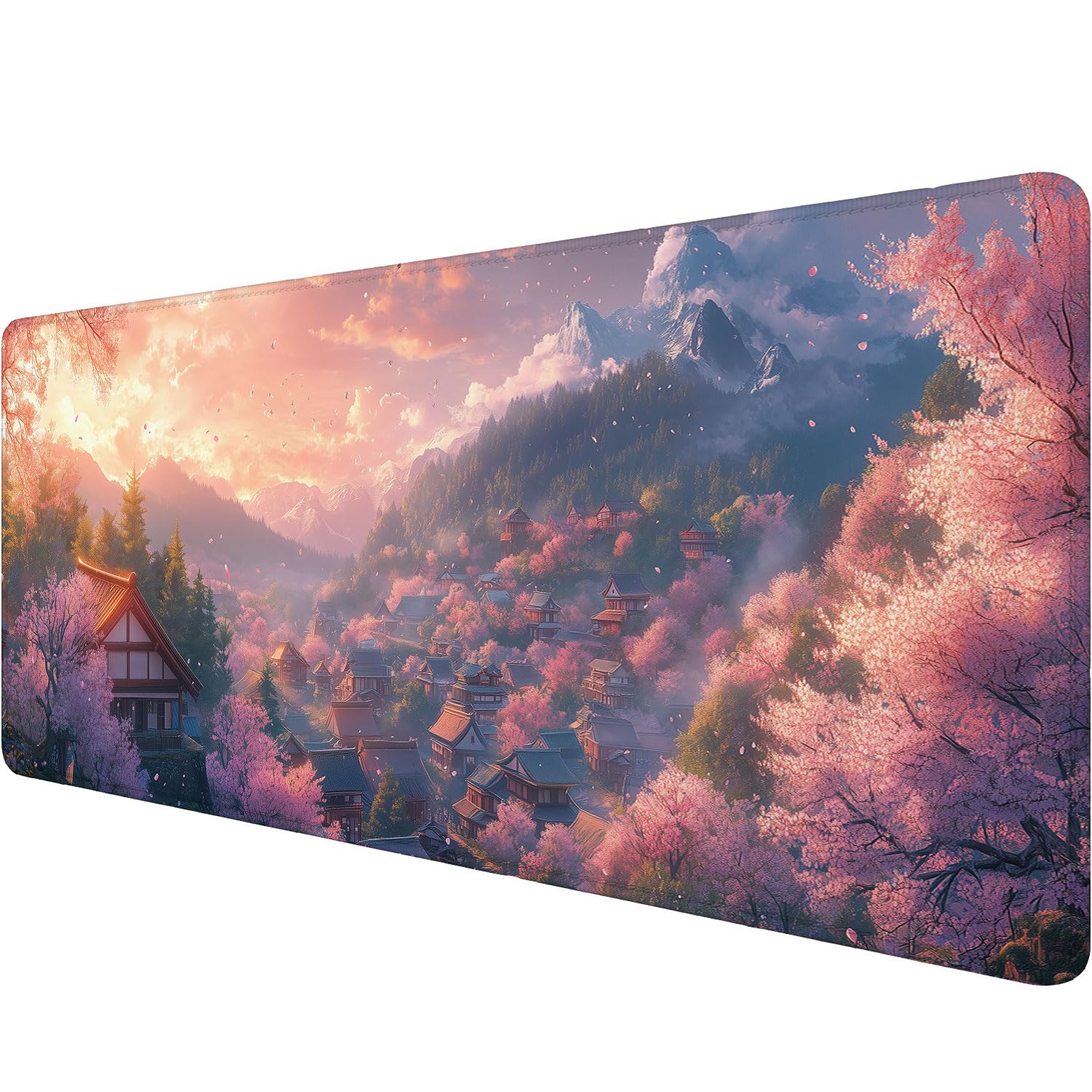 Anime Cherry Blossoms Gaming Mouse Pad Desk Pad 31.5 x 11.8 Inch Mountains Pink Sky Village Mousepad XL Large Gaming Mouse Pad Laptop Keyboard Mat