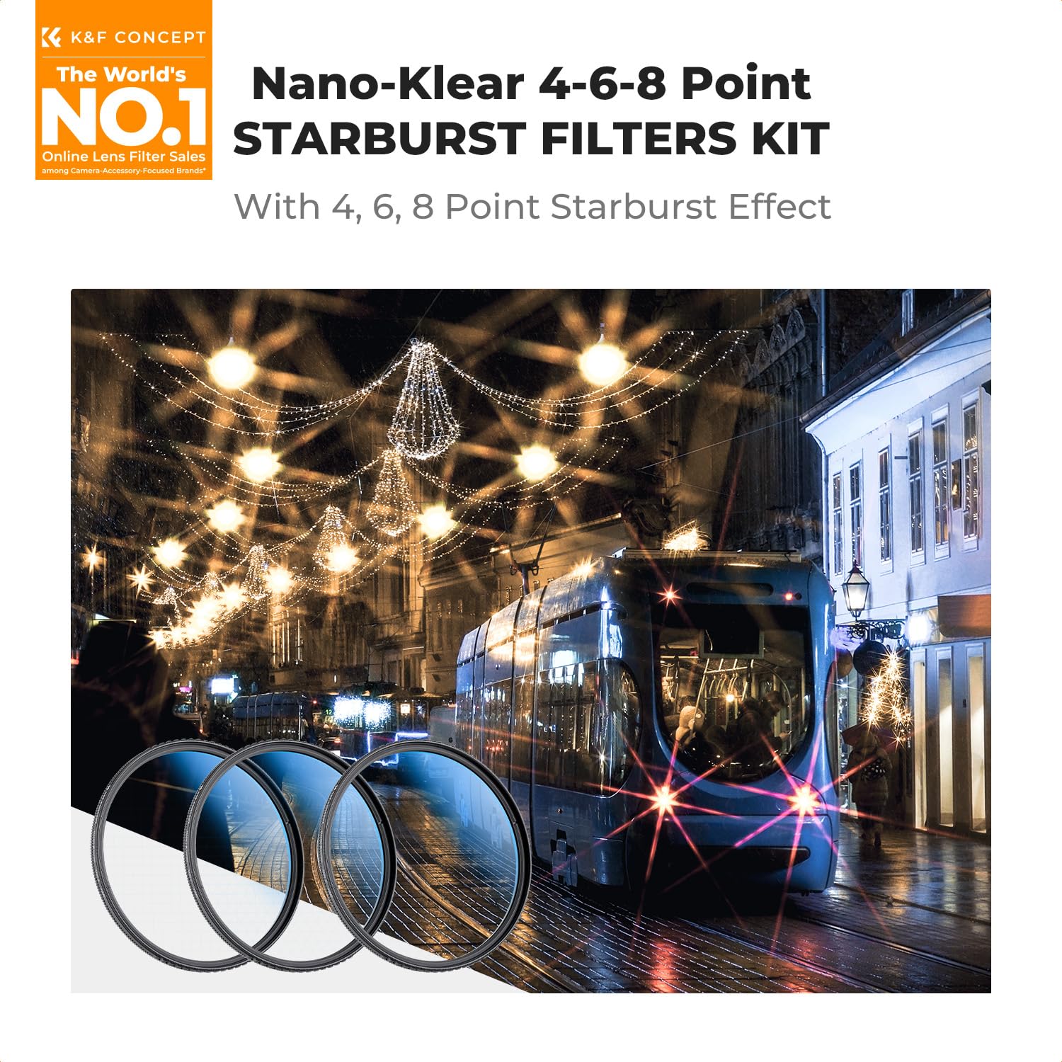 K&F Concept 77mm Star Filters Kit (3 PCS) 4 Points 6 Points 8 Points Cross Screen Starburst Filters Set -18 Layer Coating Ultra Slim Optical Glass Camera Lens Filter with 3 Cleaning Cloth