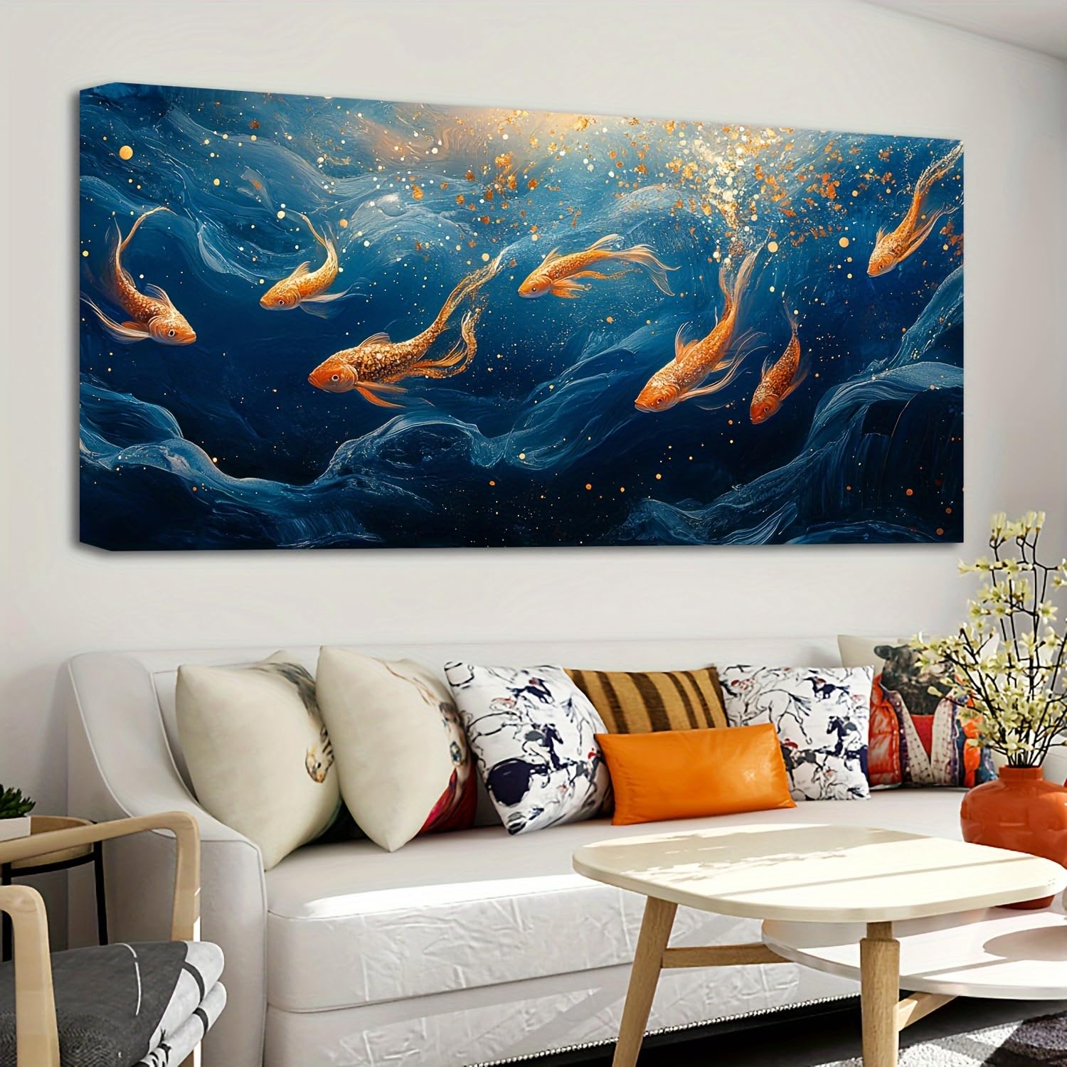 IHHGNB Abstract Ocean Mural Goldfish Dancing in The Blue Ocean Large Canvas Prints Painting Living Room Modern Art Decoration(30x60cm(12x24in)/No frame)