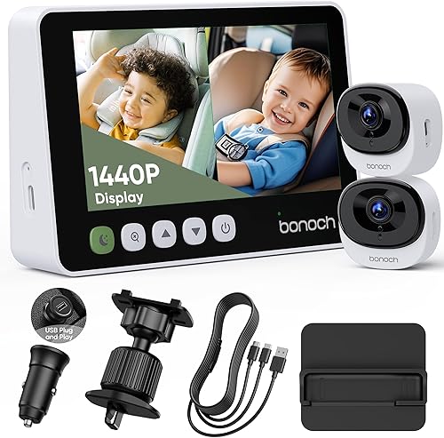 bonoch Cámara de coche de bebé de 5 pulgadas 1440P para 2 niños 360 giratorio ajustable amplia visión doble cámaras, pantalla dividida visión