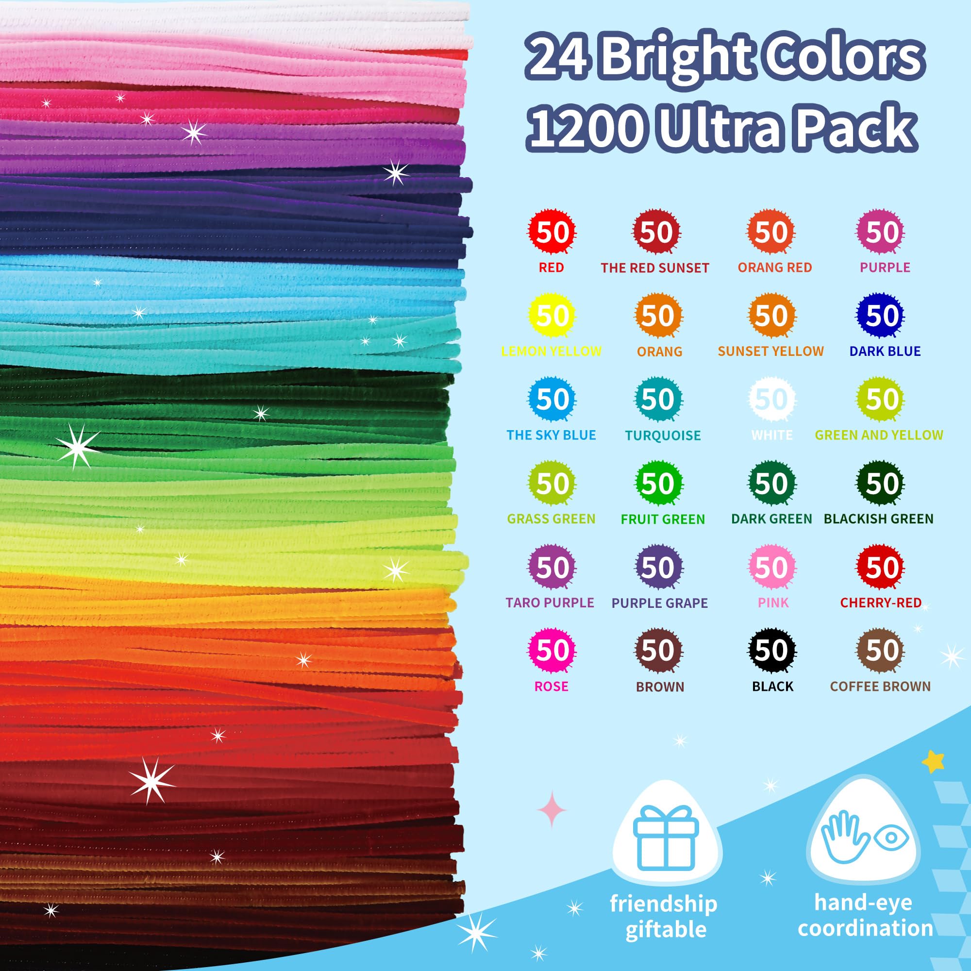 Lot de 1200 cure-pipes en chenille pour travaux manuels, 24 couleurs assorties, fournitures artistiques pour enfants, projets de salle de classe et décorations