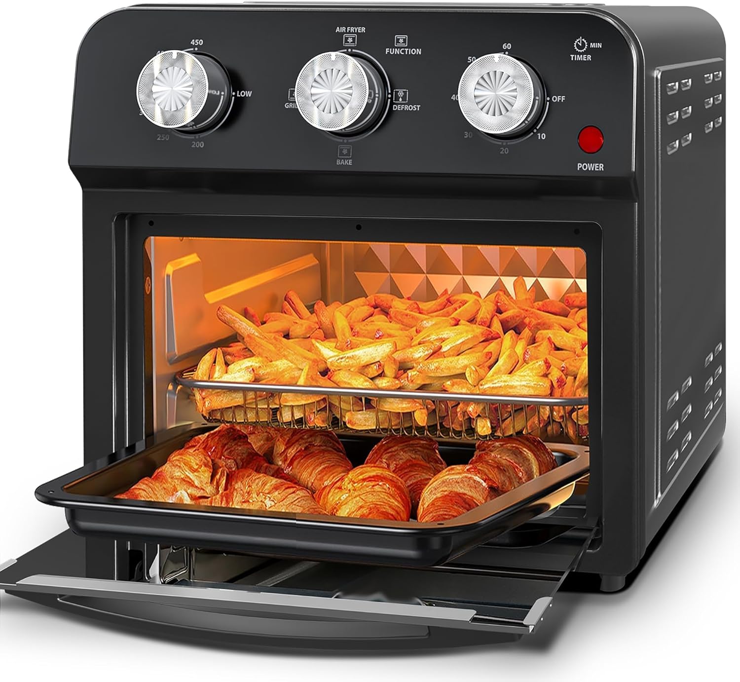 PlumChef 13 Quart 4 Slices Air Fryer Convection Toaster Oven for 3-4 Family, 1500W, Multifunction Oven for Air Fryer, Gril, Defrost, Bake, Time and Temperature Controls (Black)