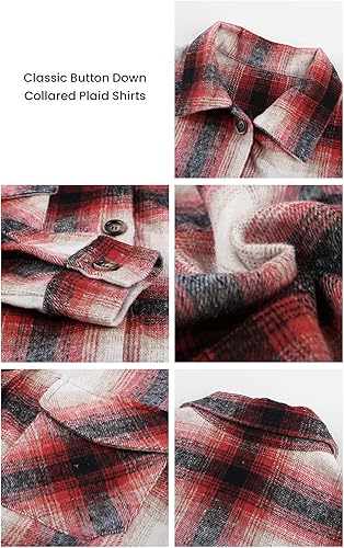 Miniatura 8 de PRETTYGARDEN Ropa de otoño para mujer, chaqueta-camisa (shacket) a cuadros, chaqueta trendy casual de manga larga abotonada, camisas de franela