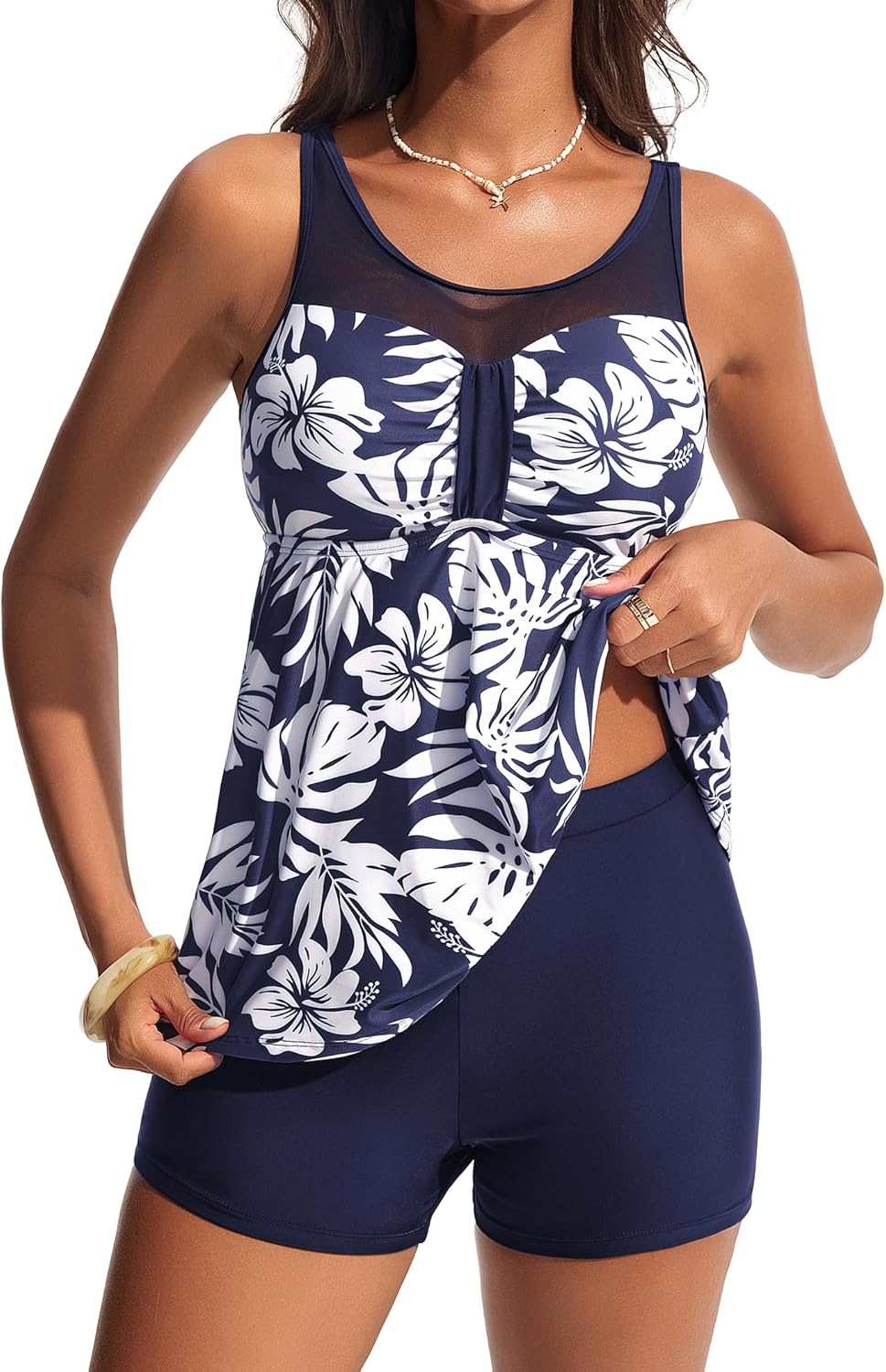 Hanna Nikole Women Two Piece Tankini Swimsuit Modest Bathing Suit Mesh Flowy Swim Top with Tummy Control Boy Shorts - Image 2