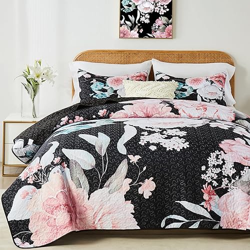 Miniatura 7 de Yogeneg Juego de edredón de tamaño matrimonial, juego de ropa de cama de 3 piezas con patrón botánico de mariposa blanca y gris rubor, colcha de