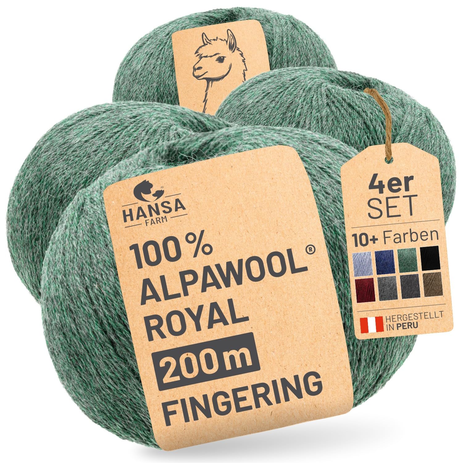 HANSA-FARM |Alpawool 100% Royal Alpaka 200g Set (4 x 50g) edel und absolut kratzfreie Wolle zum Stricken & Häkeln - HF275 Smaragd Melange