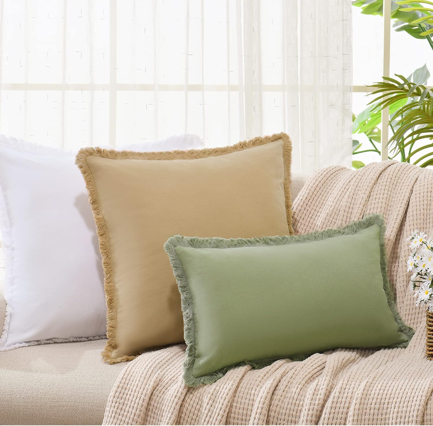 ZWJD Pillow Covers 16x16 Set of 2 Khaki Throw Pillow Covers with Fringe Chic Cotton Decorative Pillows Square Cushion Covers for Sofa Couch Bed Living Room Farmhouse Boho Decor - Image 7