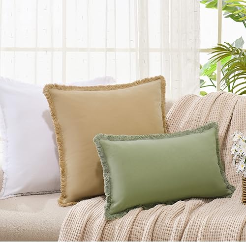 Vista 23 de ZWJD Juego de 2 fundas de almohada de 18 x 18 pulgadas, fundas de almohada blancas con flecos, de algodón, decorativas, cuadradas, para sofá, cama