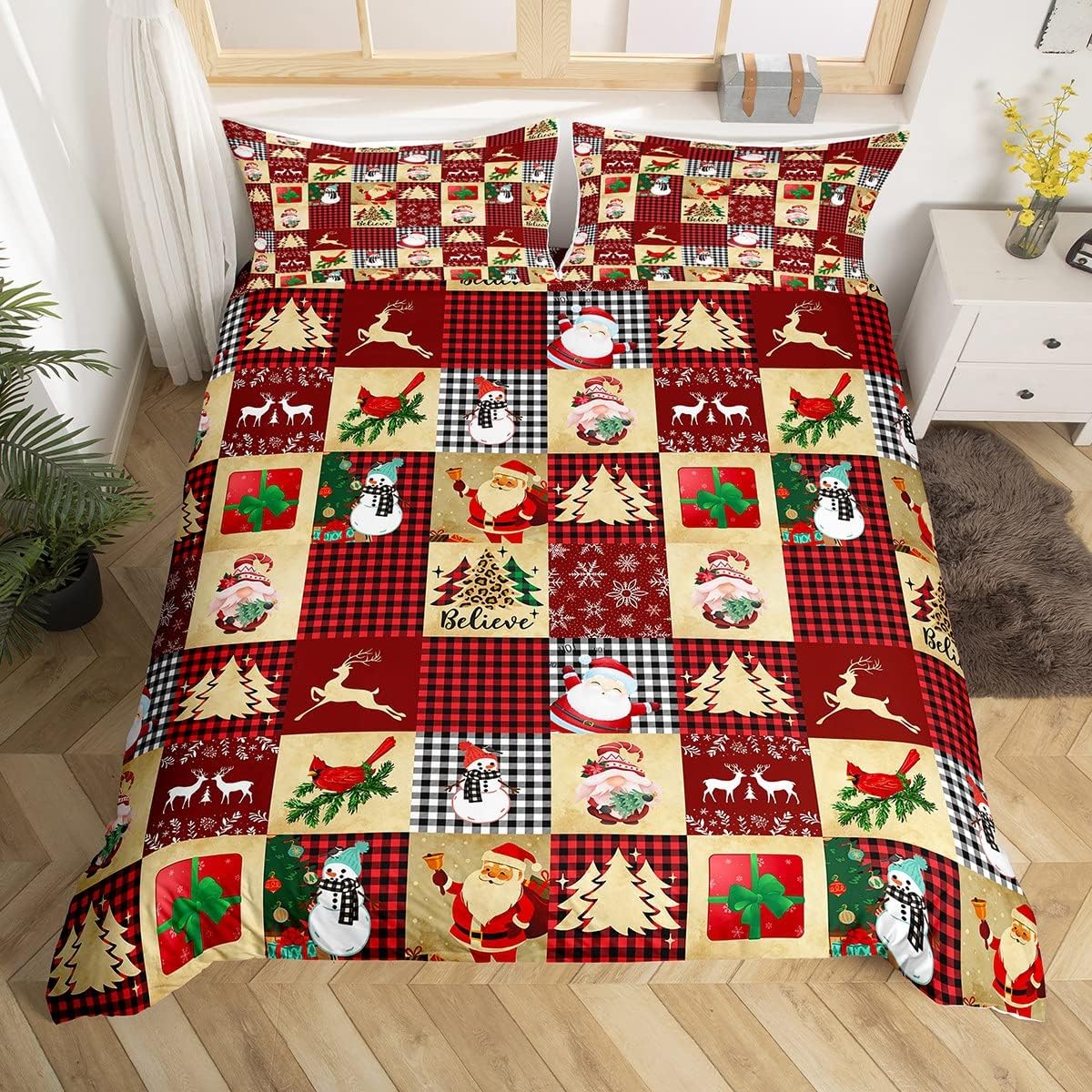 Santa Dwarf Comforter Cover Leopard Print Christmas Tree Duvet Cover,Black White