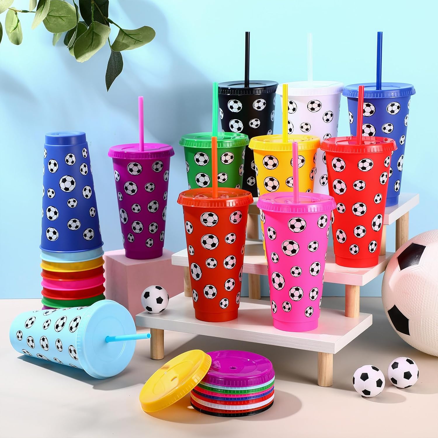 20 Pcs Soccer Plastic Tumbler with Lid and Straw Christmas Cup Gift 24 oz Cups Reusable Sports Ball Plastic Cups for Soccer Lovers Men Women Birthday Party Favors Supplies - Image 6