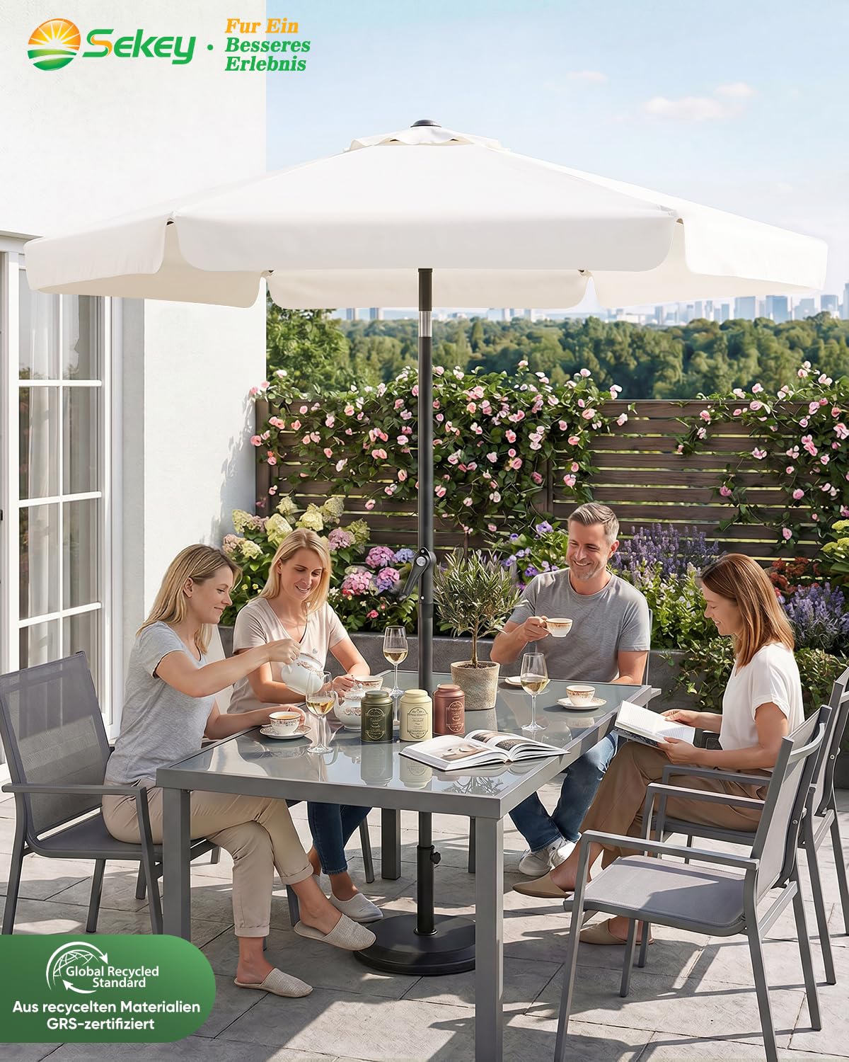Sekey Parasol de 200 cm avec fonction manivelle et pliage, parasol de balcon, avec protection UV 50+, parasol pour balcon, terrasse, jardin