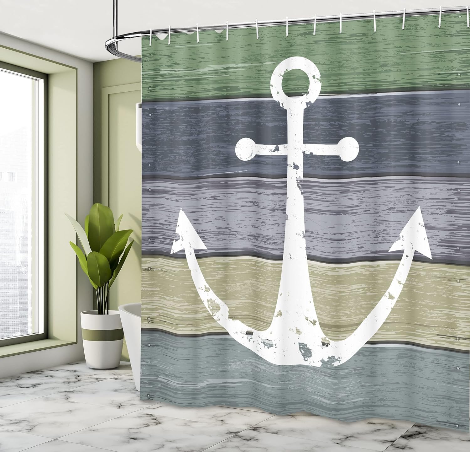 Ambesonne Anchor Shower Curtain, Marine Sailor Nautical Motif and Timeworn Wooden Planks in Cold Nature Tones, Cloth Fabric Bathroom Decor Set with Hooks, 69" W x 70" L, Green Blue