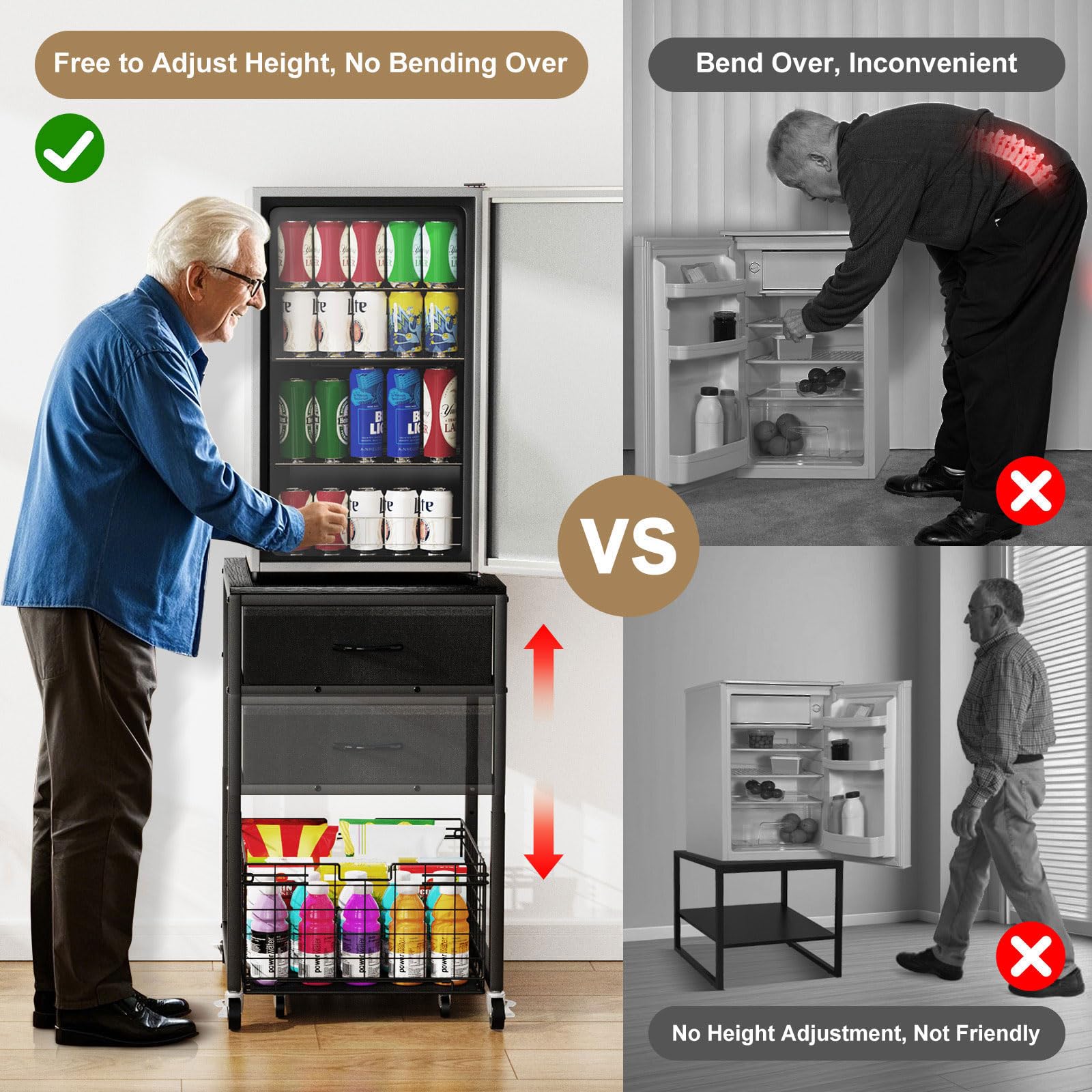 Housolution Soporte para Mini Nevera con Almacenamiento, Estante para Mini Nevera Regulable en Altura con Ruedas, Organizador Portátil para Nevera con Cajón para Hogar, Oficina, Negro