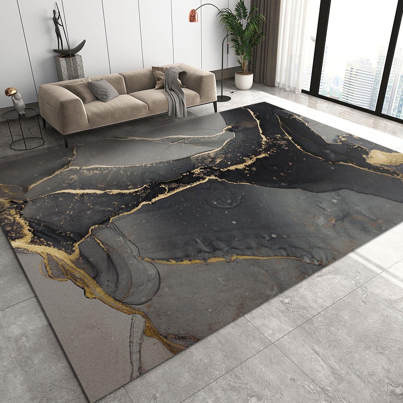Black Gray Gold Marble Texture Area Rug, Retro Abstract Light Luxury Ink Art Home Decor Rugs, with Anti-Slip Backing Washable Indoor Carpet for Living Room Bedroom Study Dining Room-2x3ft