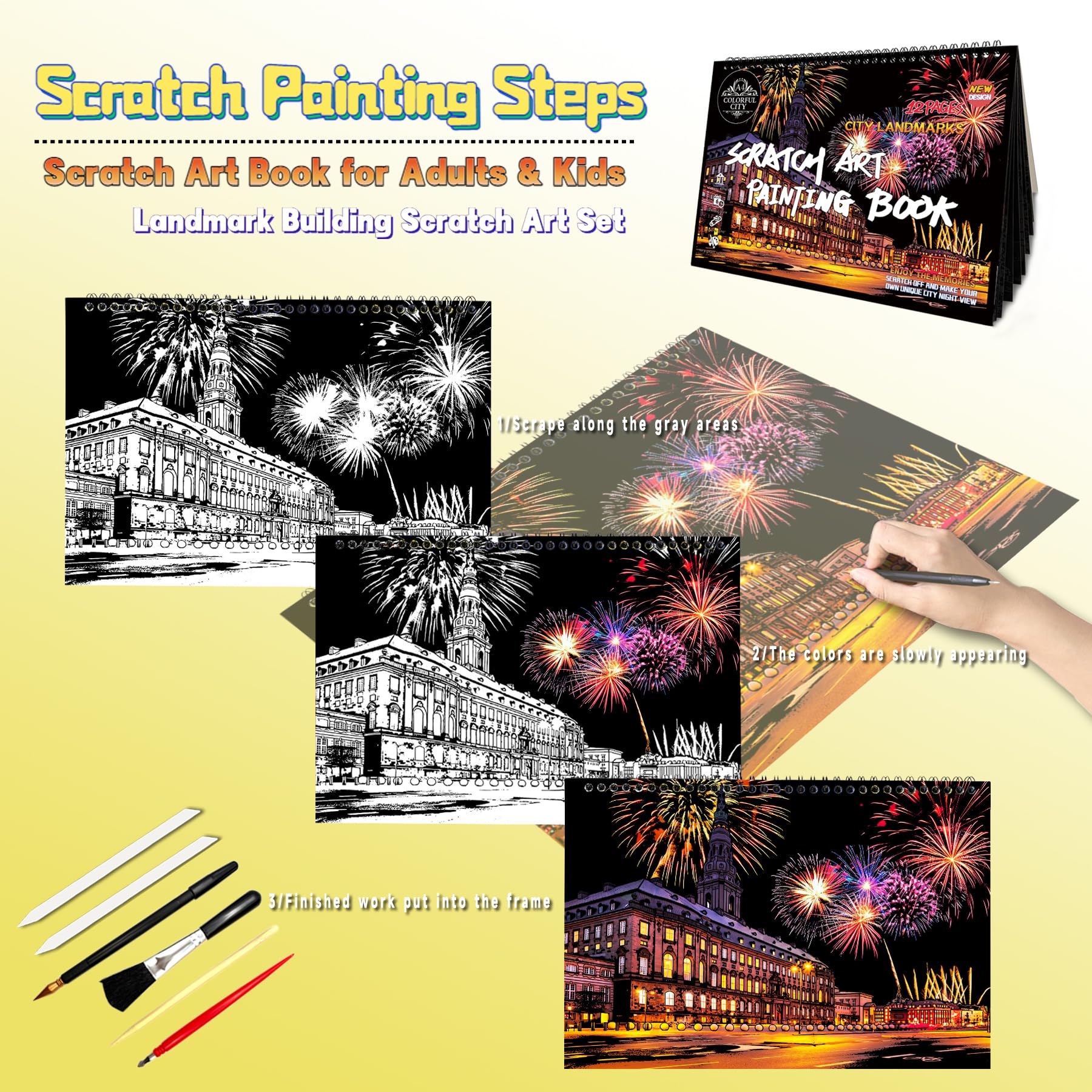 SiYear Scratch Art Painting Paper Set for Adults Landmark Building City Series Night Scene,Scratchboard Creative Gift DIY Foil Engraving Crafts with 4 Tools (A4-12Pack-City Series) - Image 2