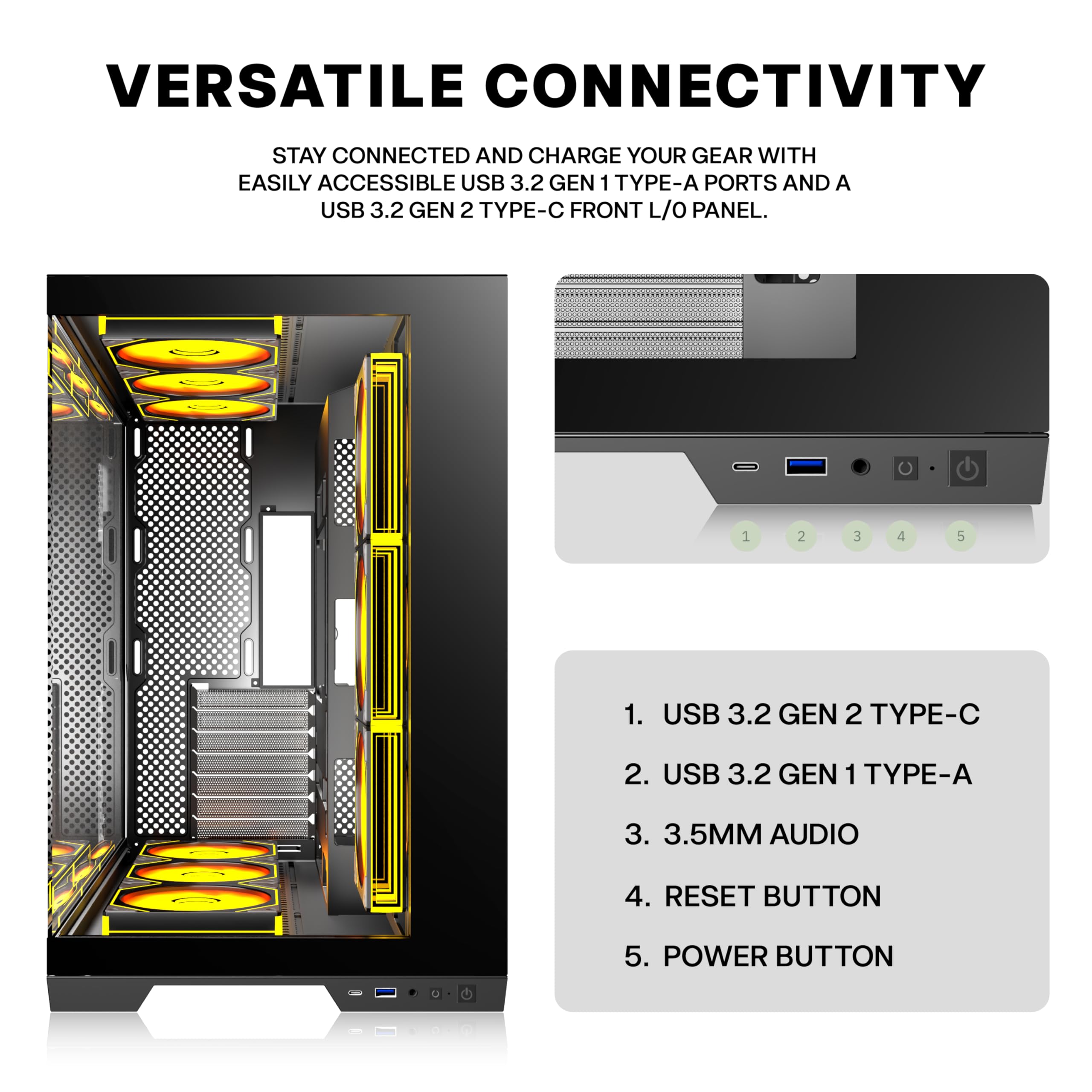 ANSAITE ATX PC-Gehäuse 9×120 mm ARGB PWM-Lüfter vorinstalliert ，Mid-Tower Gaming PC-Gehäuse, Panorama-Gehärtetes Glas Schwarz Computer-Gehäuse mit Typ-C, 360mm Radiator Unterstützung，H-D9 (Schwarz)