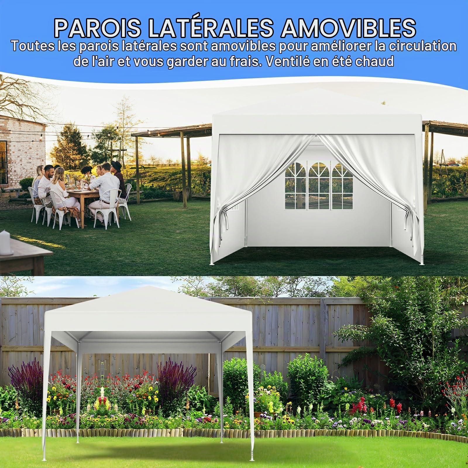 Tonnelle de Jardin 3x3M,Tente Réception,Tente de Campingavec Fenêtres、Parois Latérales，Imperméable,Anti UV，Résistant au Vent Auvent,Barnum pour Camping Festival Plage,Blanc
