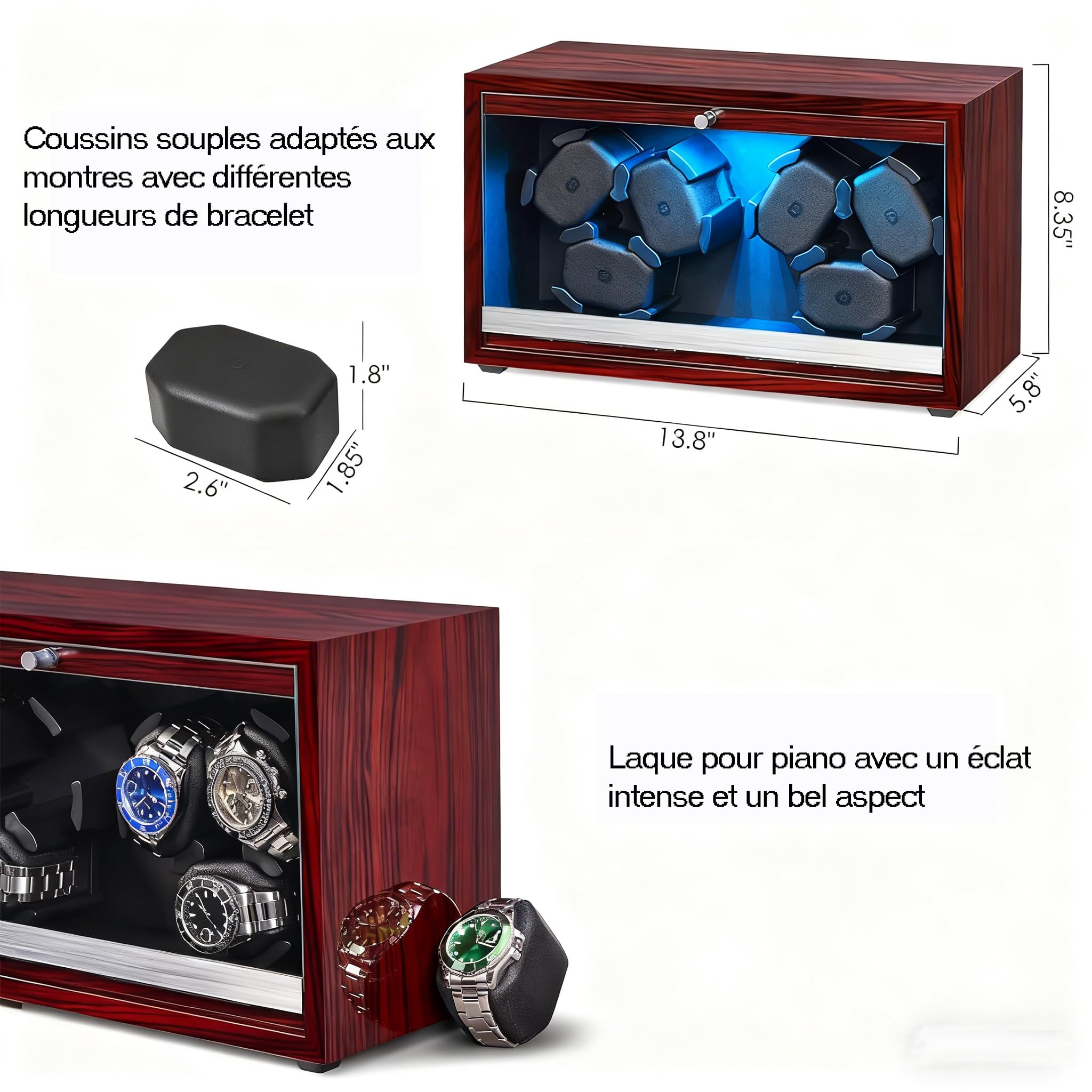ANWBROAD Remontoir de montre 6 montres avec LED et moteur super silencieux rotateur 4 modes rotatifs Boîte à montres Shaker avec câble USB Cadeau UJWW003Y