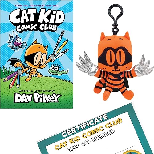 El juego de regalo para niños Cat Kid Comic Club incluye libro de tapa dura de Dav Pilkey, mochila MerryMakers Dog Man's Cat Kid y certificado de