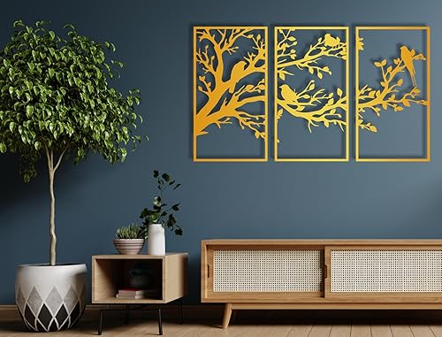 Arte de pared de metal árbol de la vida, decoración de pared de metal de pájaros y ramas, arte de pared de metal, árbol de la vida de 3 paneles,