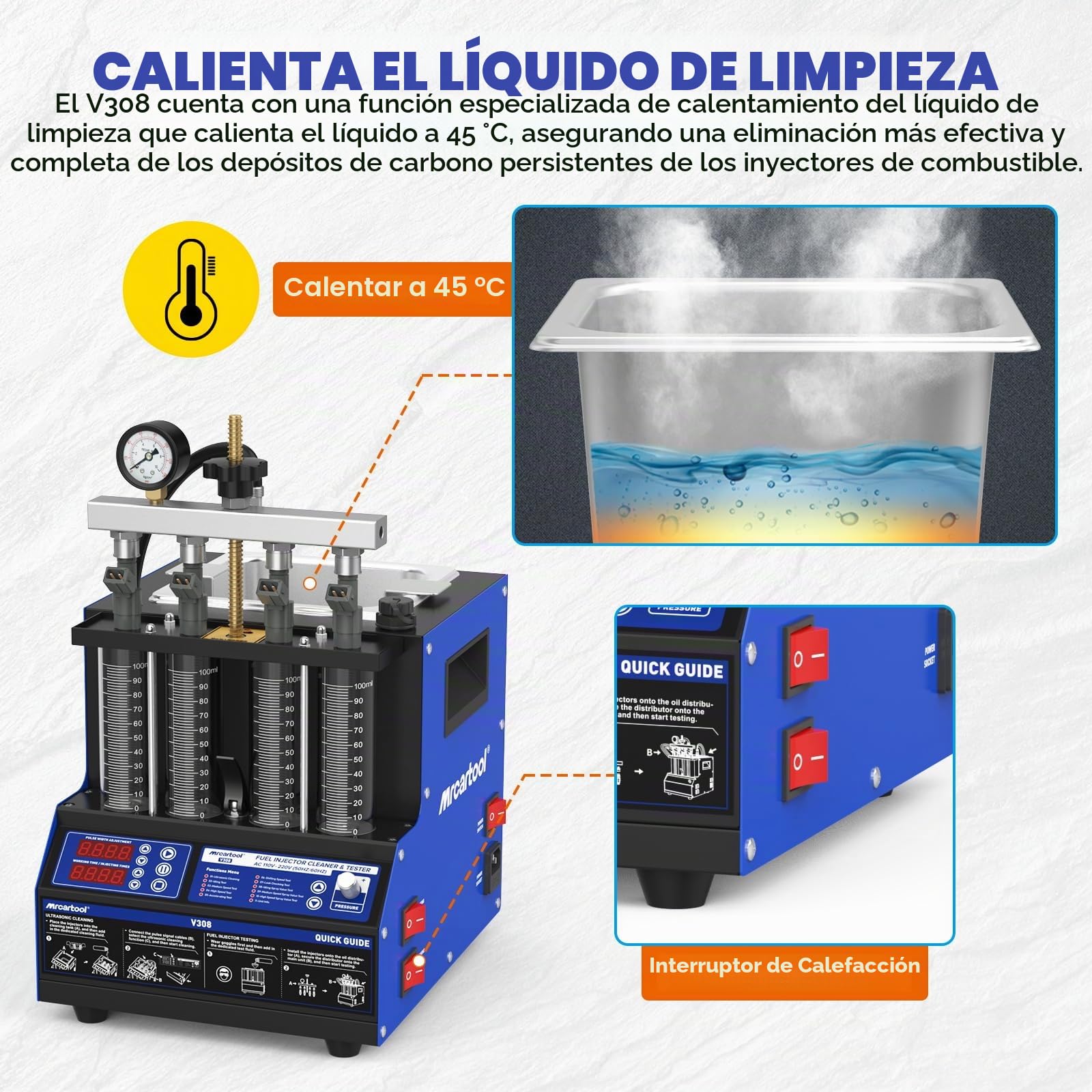 MR CARTOOL V308 - Limpiador de inyectores de 4 cilindros, 220 V, sistema de combustible ultrasónico, limpiador para vehículos diésel y gasolina y motocicletas