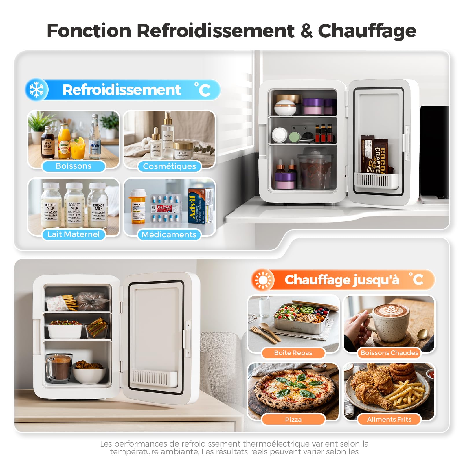 YASHE Mini Frigo de Chambre, Mini Frigo 10 Litres/ 12 Canettes, Fonction Chaud et Froid, Frigo Mini 220V CA/12V CC, Silencieux, pour Boissons, Cosmetique, Bureau, Dortoir, Voiture, Blanc