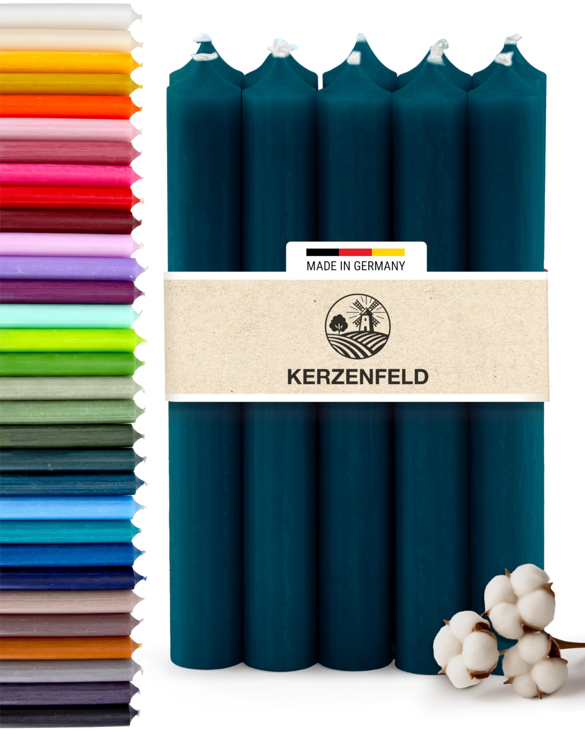 Bunte Stabkerzen Durchgefärbte, 10 Stück, 180mm x 22mm, Spitzkerzen, 8+ Stunden Brenndauer, Made in Germany - Ohne Tropfen & Rußen - Unparfümierte und RAL-Zertifizierte Tafelkerzen