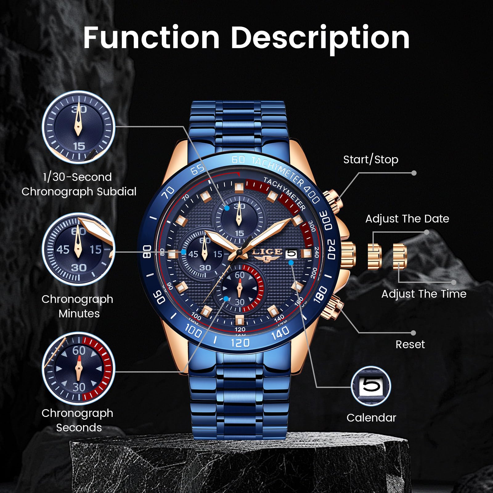 LIGE Montre Homme Chronographe Sport Étanche Acier Inoxydable d'affaires Mouvement Analogique à Quartz Montres Bracelet pour Homme