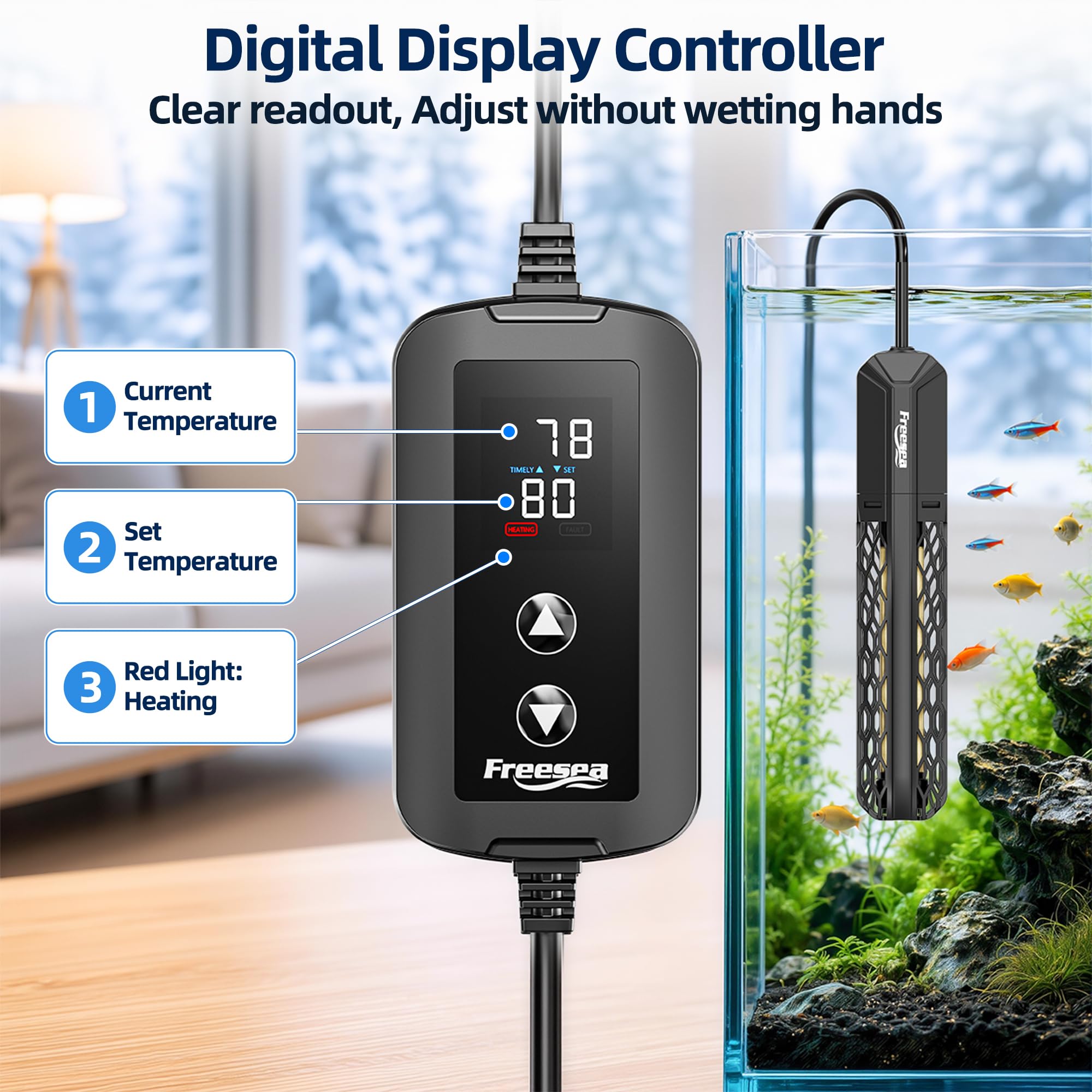 FREESEA Calentador de acuario para peceras: 100 W/200 W/300 W/500 W Calentador sumergible de tanque de peces con protección contra sobretemperatura y fuera del agua para agua salada y dulce de 40 a 75