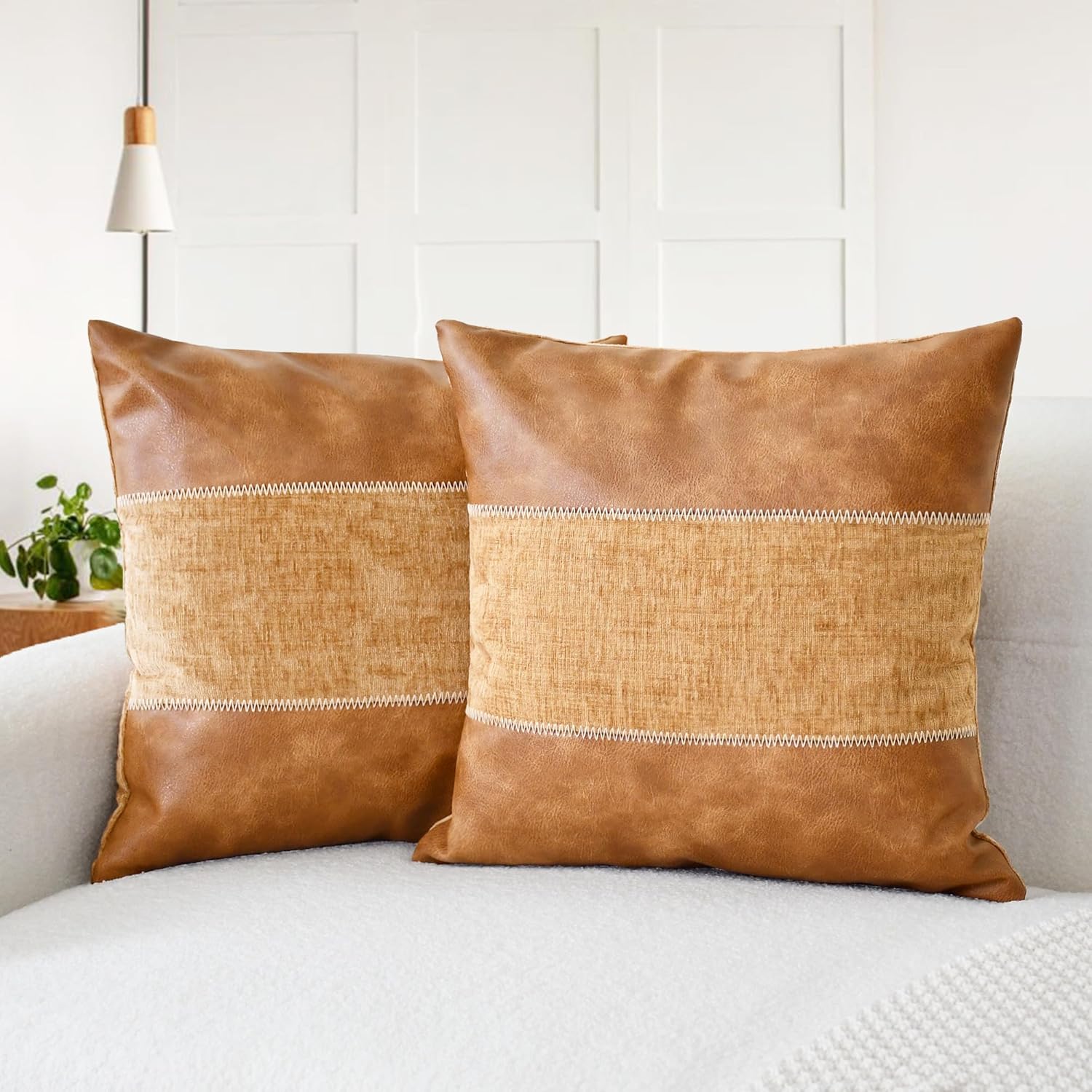 CaliTime Throw Pillow Covers Pack of 2 Soft Faux Leather Solid Dyed Chenille Cushion Cases for Couch Sofa Home Decoration 18 X 18 Inches Apricot Brown