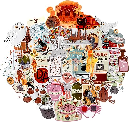 Conquest Journals - Paquete de calcomanías de Harry Potter Whimsical Magical World, juego de 50 imágenes únicas, licencia oficial, impermeable,