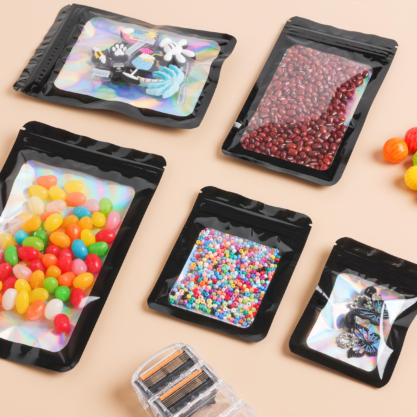 Lot De 100 Sacs Mylar Holographiques Avec Fenêtre Transparente - Refermables, Qualité Alimentaire, Multi-Couleurs - Idéal Pour Emballage Cadeau, Biscuits, Bijoux, Petits Commerces