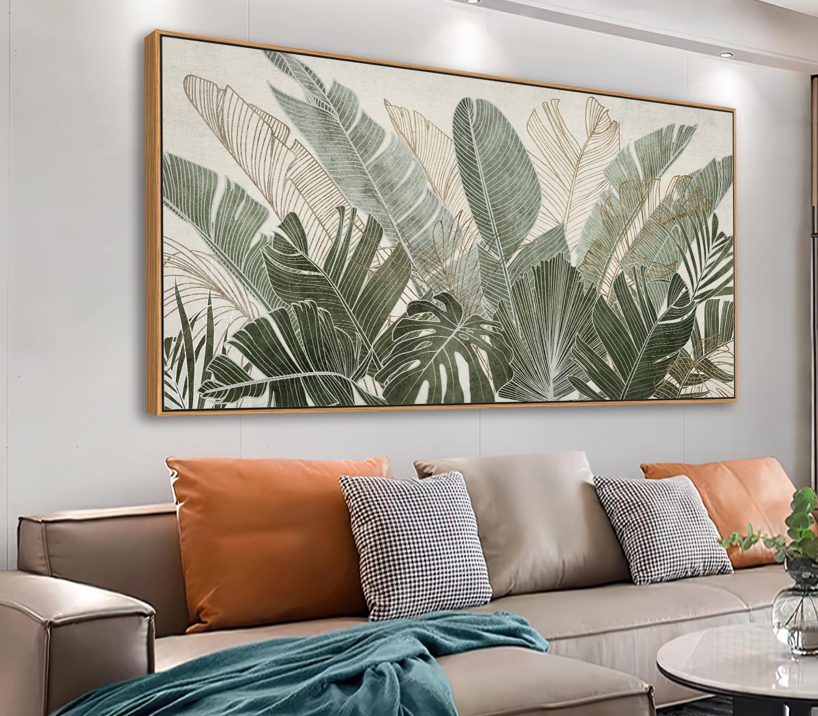 tigeridge framed canvas wall art - tropical green leaf pictures banana leaves outlined in green and taupe wall decor nature botanical painting prints artwork home office 20" x 40" natural frame